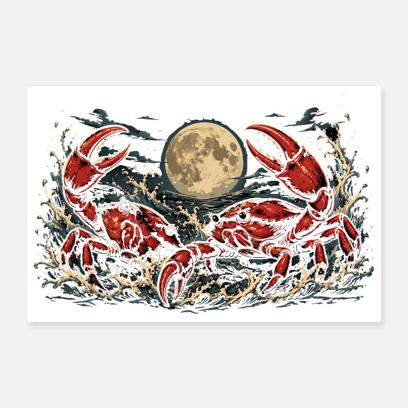 Crabes dans la mer au clair de lune Design graphique Poster 30 x 20 cm