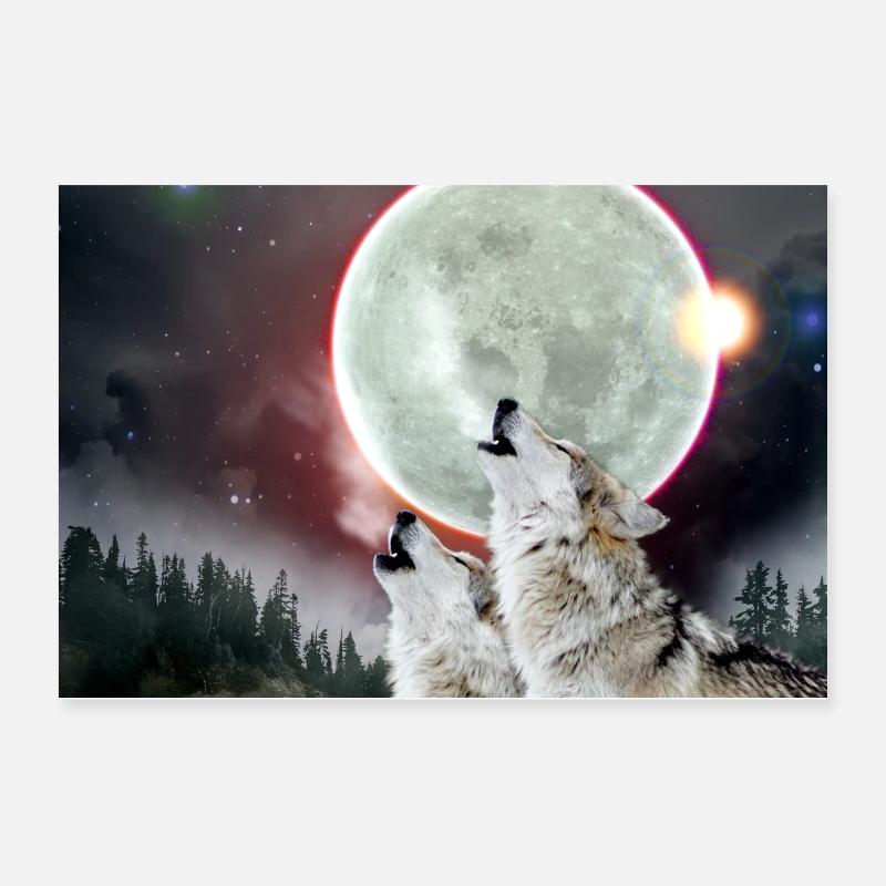 Loups hurlant lune éclipse loup Art - Poster 60 x 40 cm - blanc