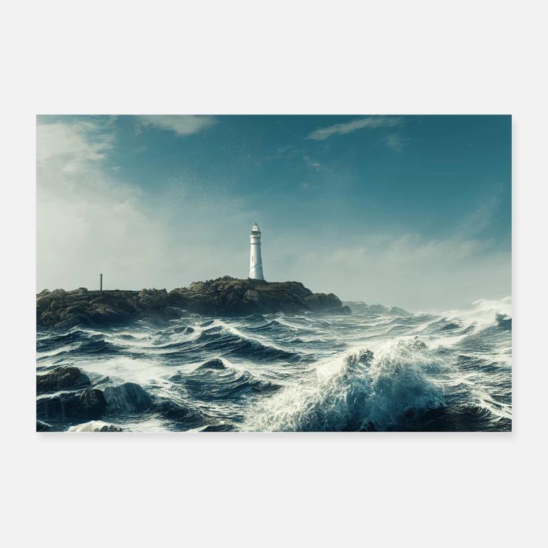 Phare sur la côte avec de grosses vagues Poster 60 x 40 cm