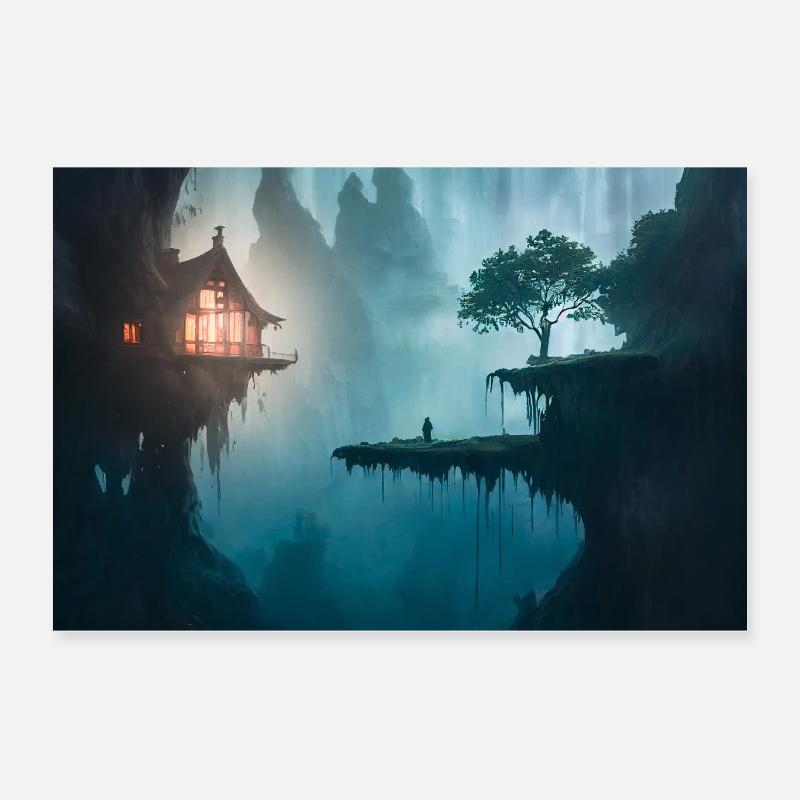 Mystischer Wald mit einer Hütte - Poster 60x40 cm - Weiß