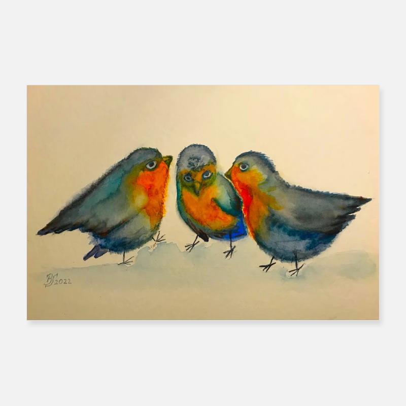 Trois Rouges-gorges Aquarelle Poster 60 x 40 cm