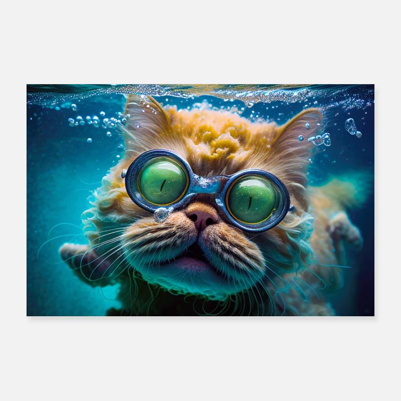 Hector the swimming cat with diving glasses Poster 24" x 16" (60x40 cm)
