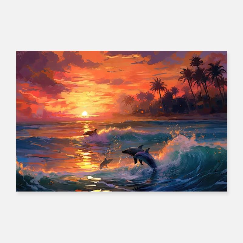Sunset Bay Symphony: Dolphins Dancing Poster 24" x 16" (60x40 cm)
