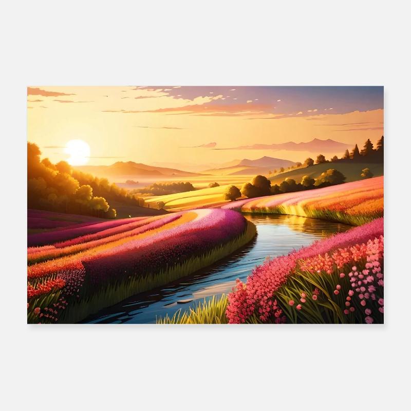 Belles collines fleuries à côté de la rivière Poster 60 x 40 cm