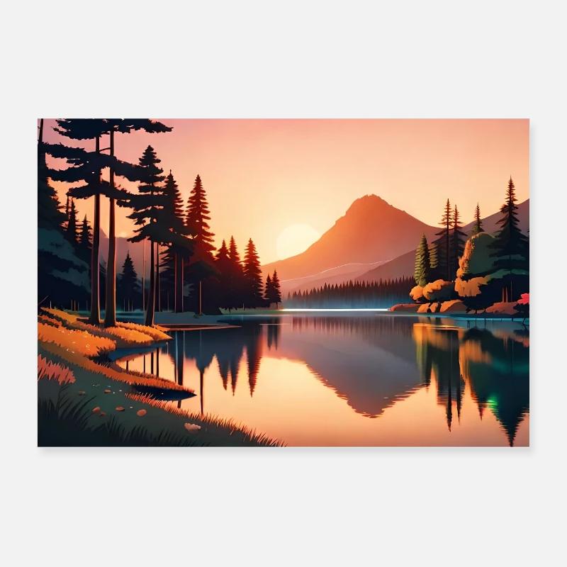 anime river between pines and mountains Poster 24" x 16" (60x40 cm)