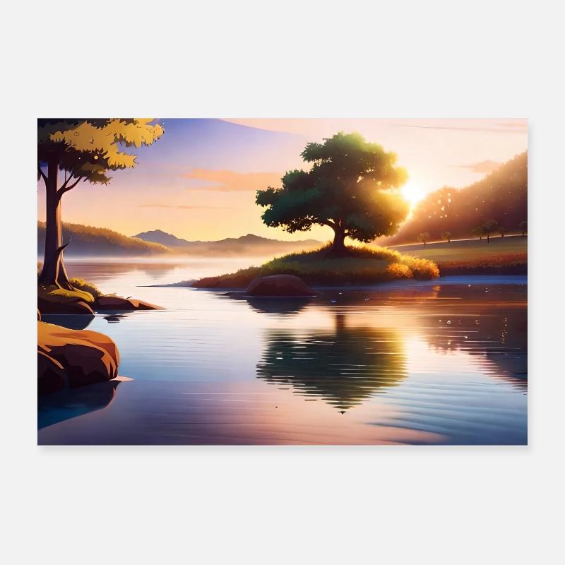 beautiful lake between mountains at sunset Poster 24" x 16" (60x40 cm)