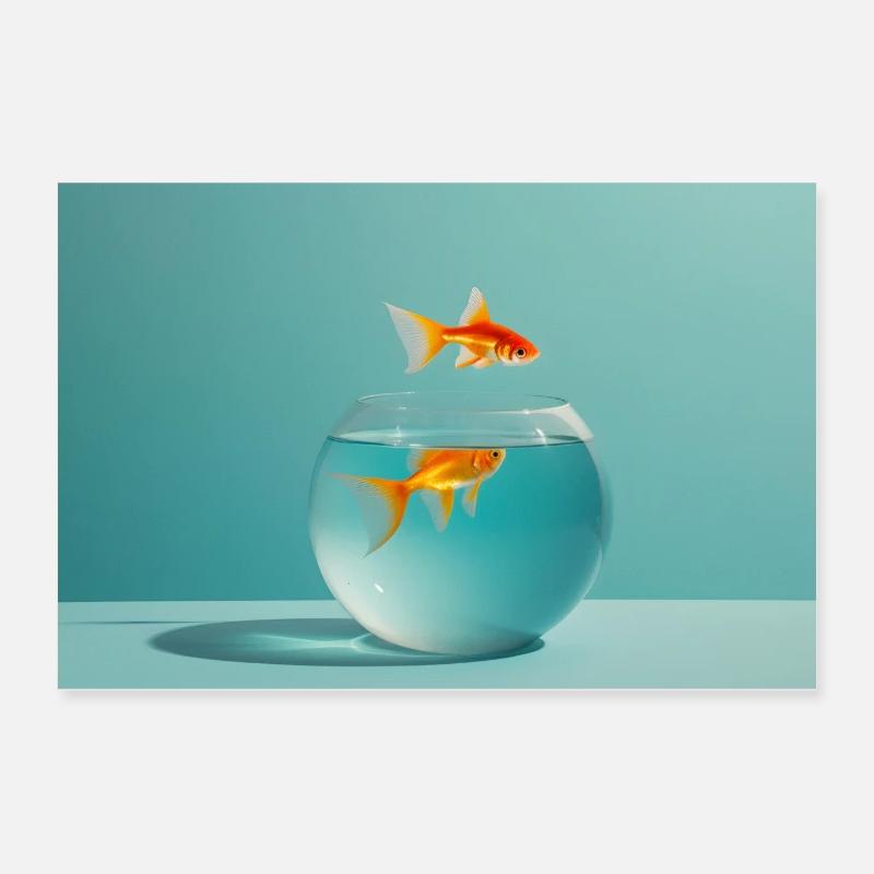 Transzendenz - Goldfisch schwebt über Fischglas - Poster 60x40 cm - Weiß