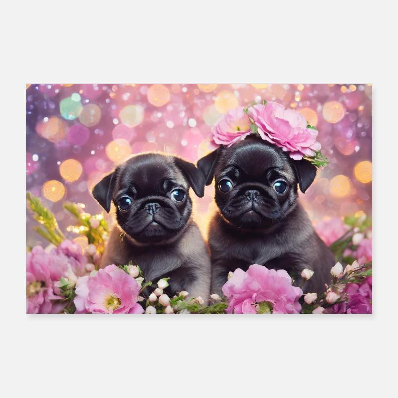Petits chiens avec couronne de fleurs Poster 60 x 40 cm