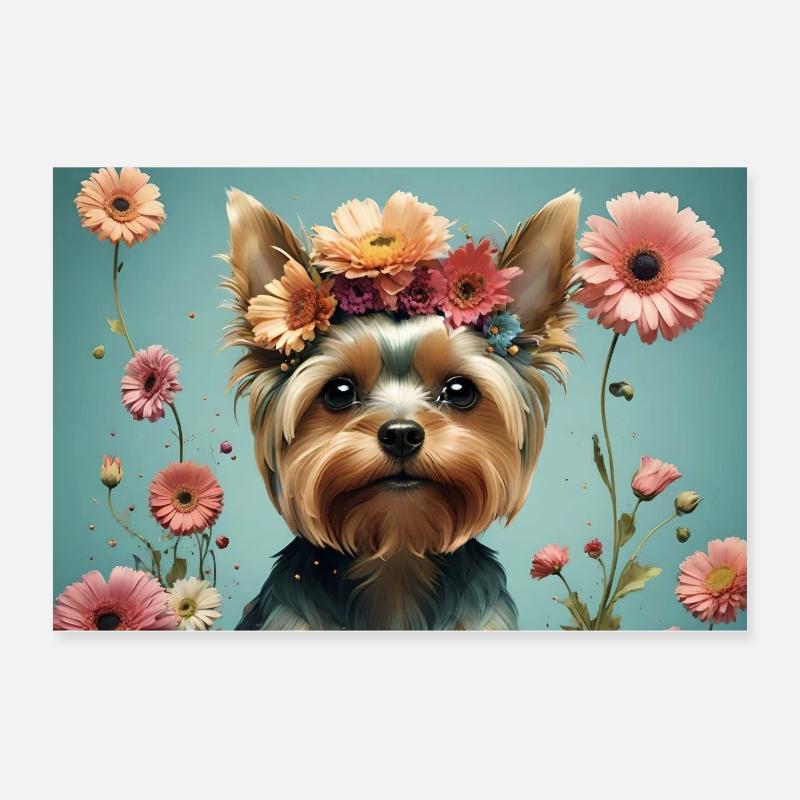 Poster, Yorkshire Terrier mit Blumen Poster 60x40 cm
