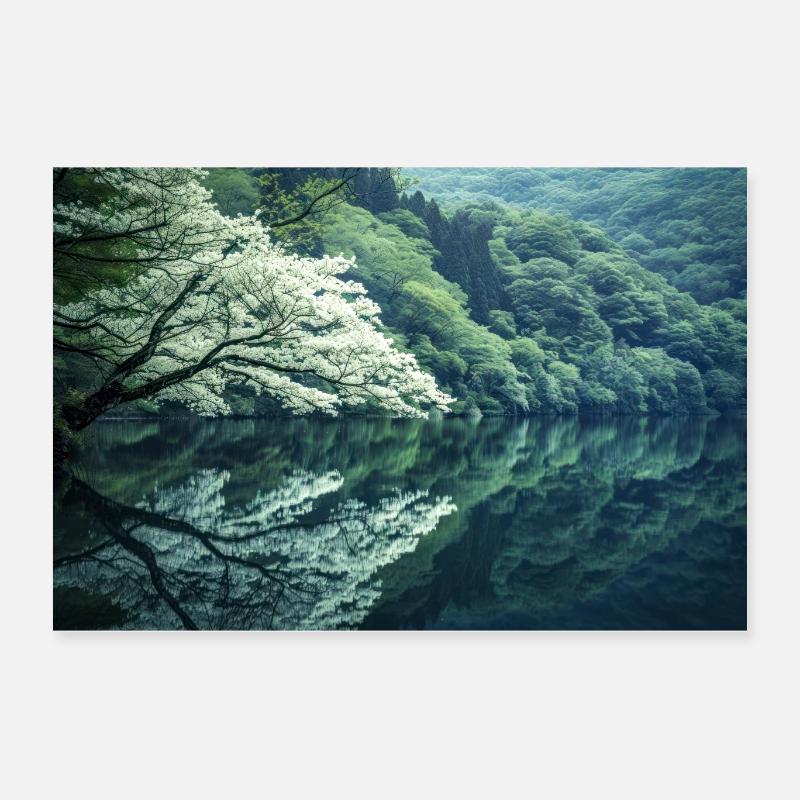 Arbre en fleurs se reflétant dans un lac tranquille Poster 60 x 40 cm