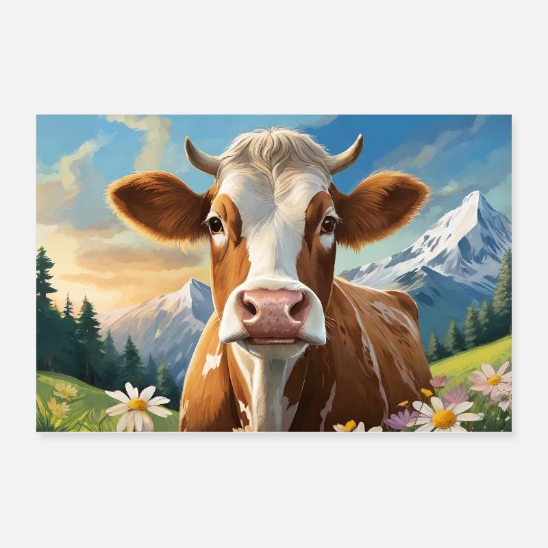 Vache joyeuse dans le panorama alpin Poster 60 x 40 cm