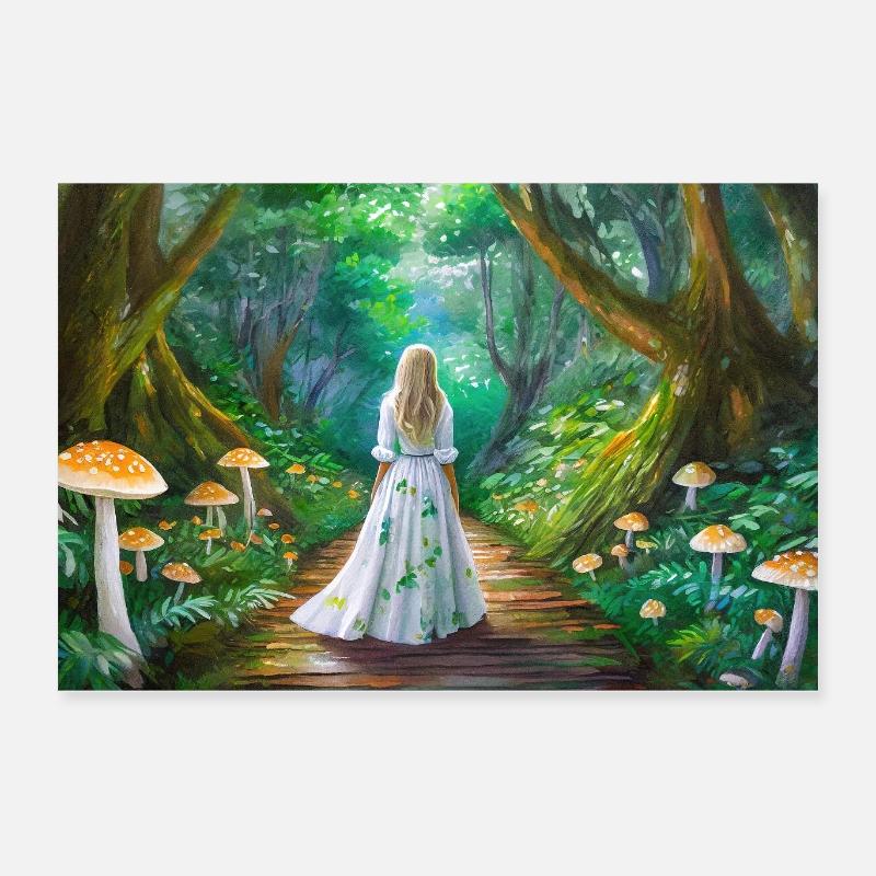 Fille dans la forêt de conte de fées avec des champignons Poster 60 x 40 cm