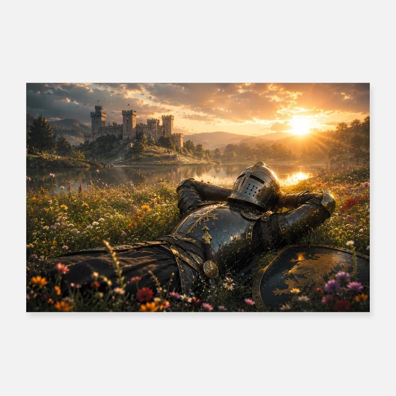 Chevalier du Coucher du Soleil près de Castle Field Poster 60 x 40 cm