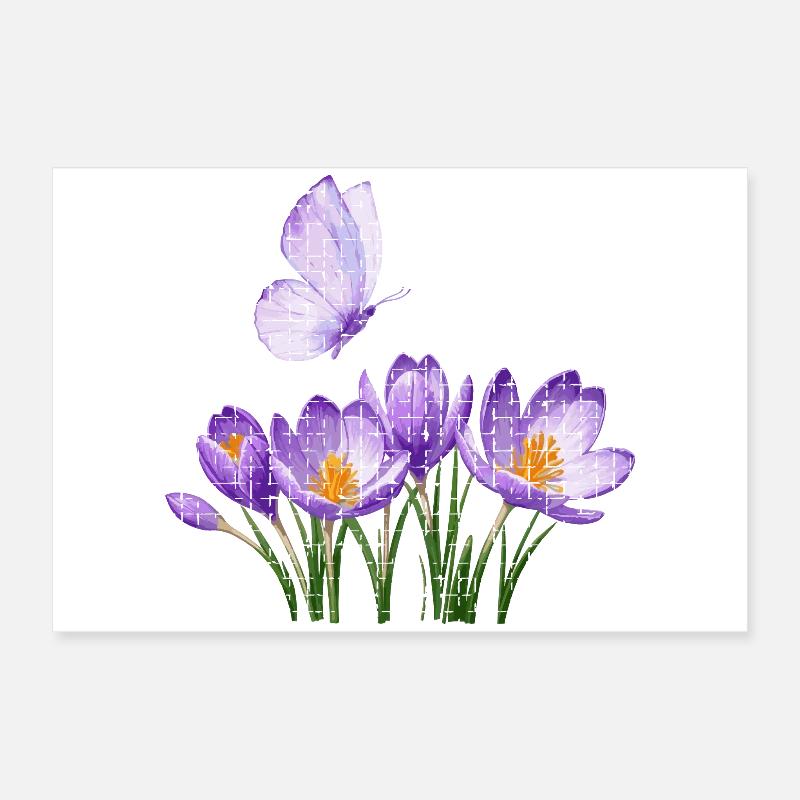 Crocus violets et papillon : conception en treillis Poster 60 x 40 cm