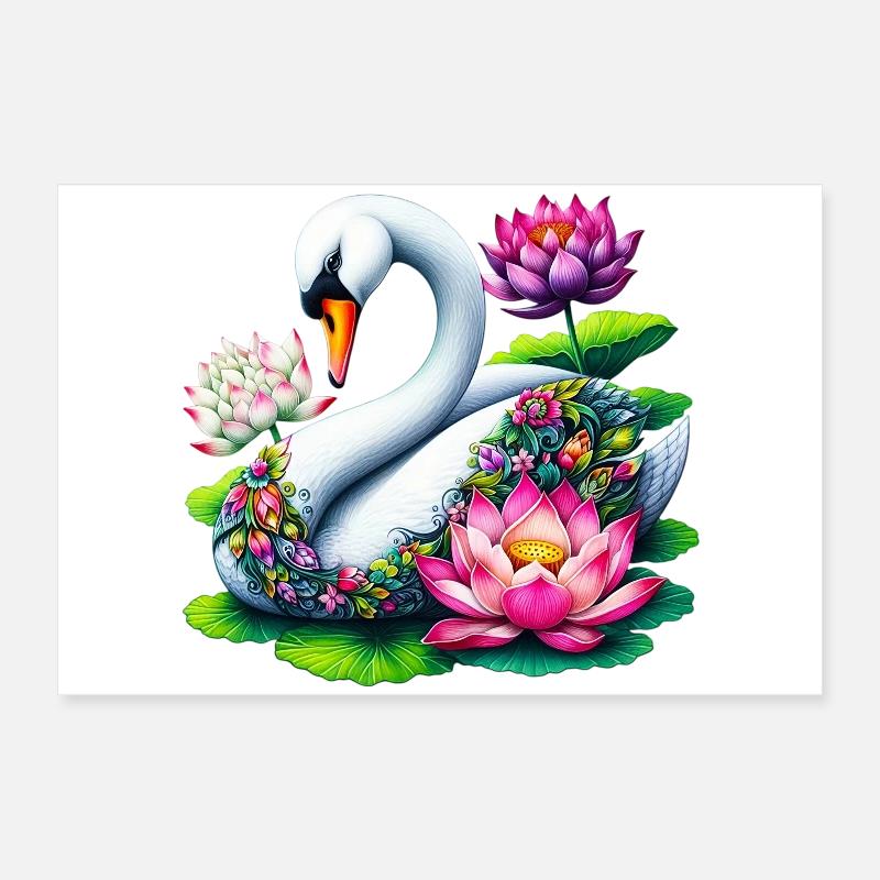 Cygne décoré de fleurs de lotus Poster 60 x 40 cm