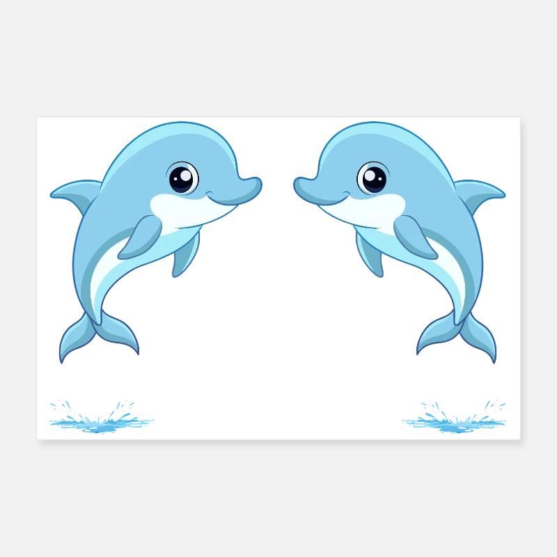 Two baby blue twin dolphins jumping Poster 24" x 16" (60x40 cm)