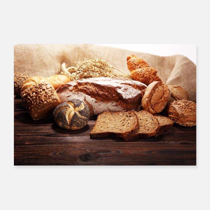 Bread and bread rolls on rustic brown wooden table Poster 24" x 16" (60x40 cm)