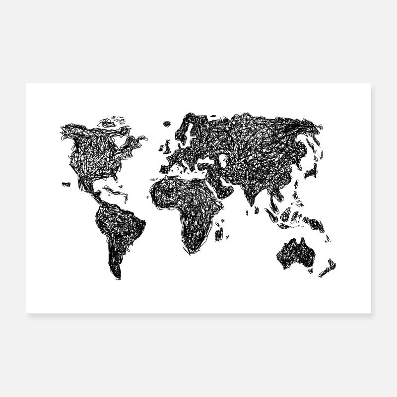 WORLD MAP | | World Map Line Art black white Poster 24" x 16" (60x40 cm)