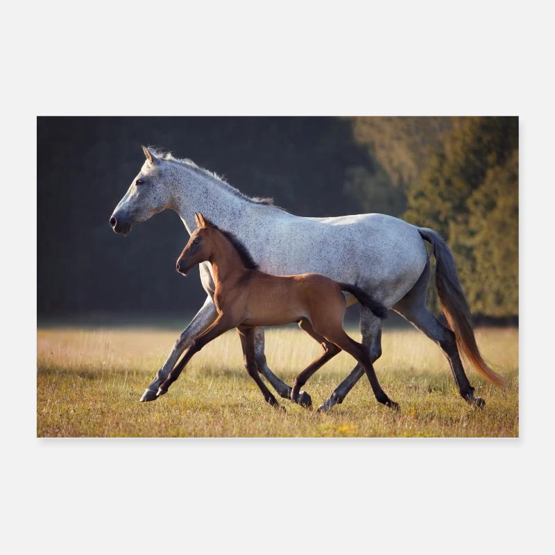 Jument avec poulain dans le paddock à cheval le soir Poster 60 x 40 cm