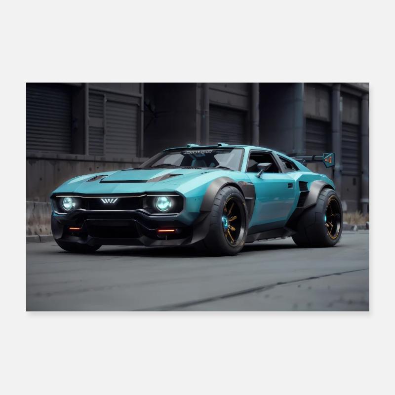 Auto blu in stile cyberpunk Poster 60x40 cm