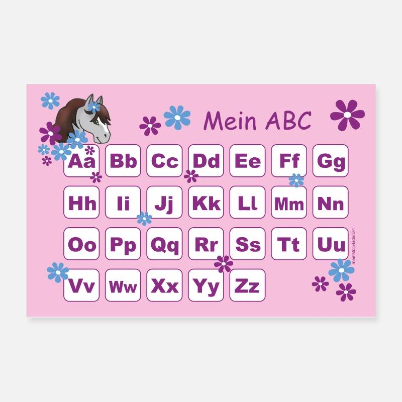 ABC Lernposter Pony mit Blumen - rosa - Poster 60x40 cm - Weiß