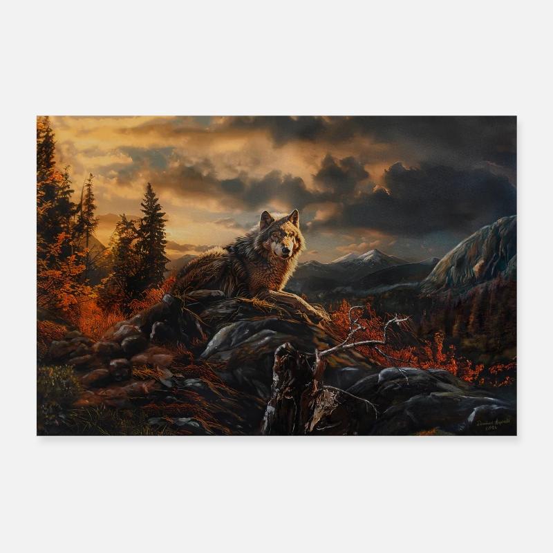 Lone Alpha Wolf on a rock ledge Poster 24" x 16" (60x40 cm)