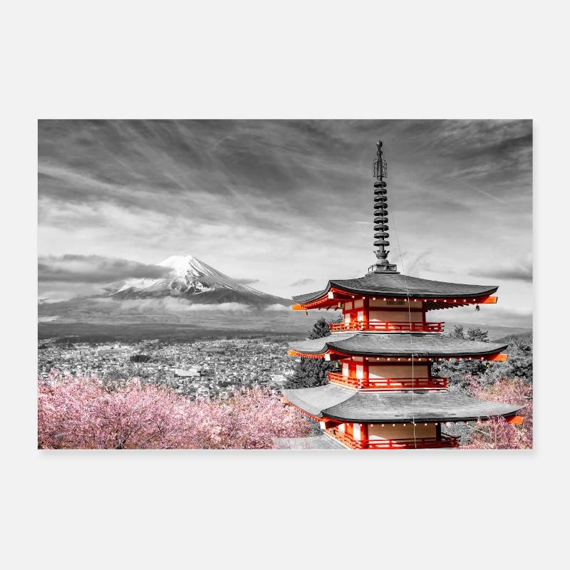 Fuji avec pagode Chureito à fleur de cerisier colorkey Poster 60 x 40 cm