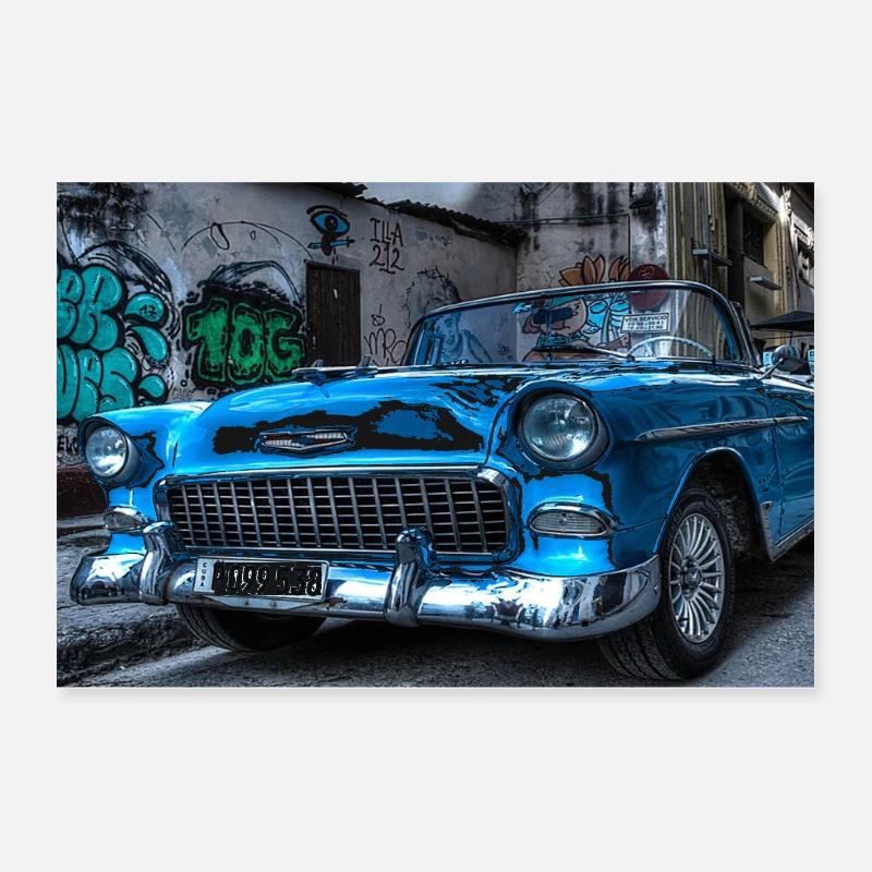 COMIC IN KUBA: RETRO AUTO MIT GRAFFITTI - Poster 60x40 cm - Weiß