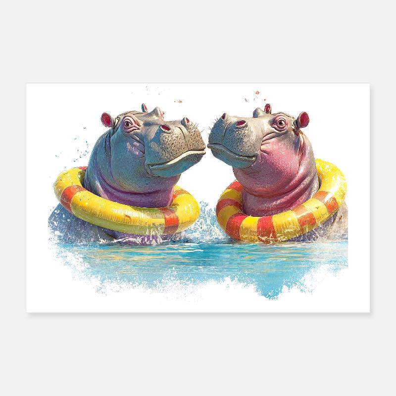 Double Hippo Bathing Fun Poster 24" x 16" (60x40 cm)