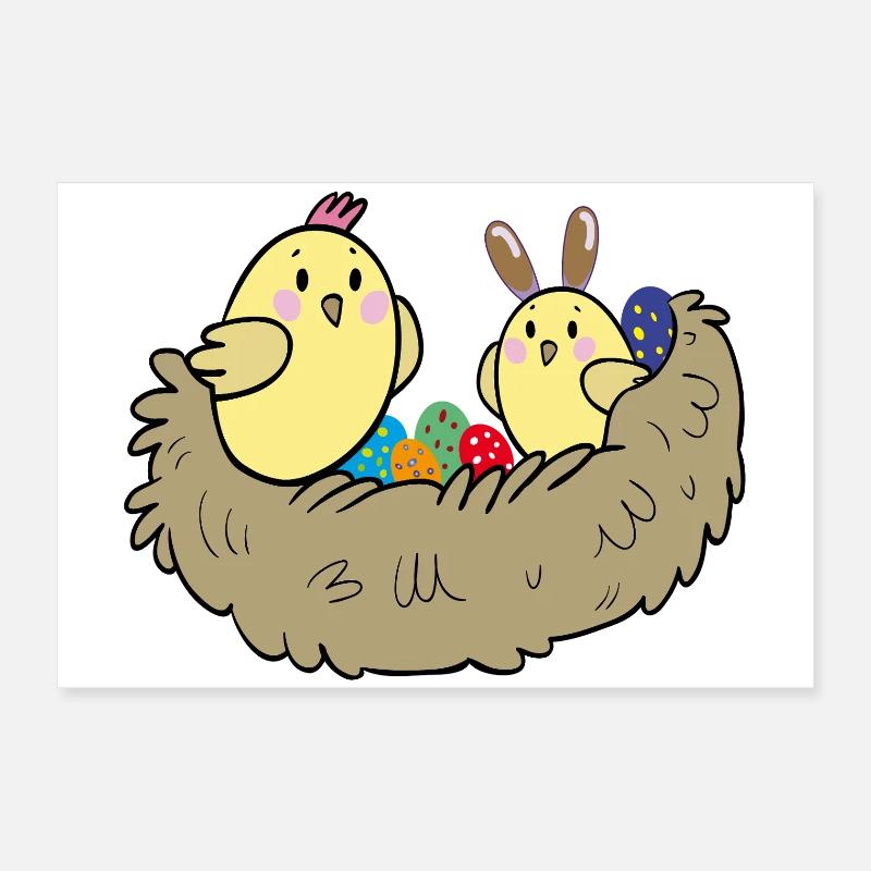 Chicks with colorful eggs in the nest Poster 24" x 16" (60x40 cm)