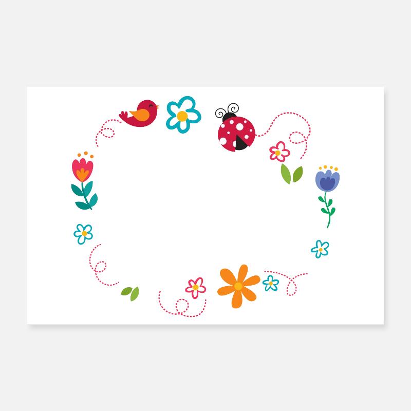Runder Rahmen mit Blumen Marienkäfer und Vogel Poster 60x40 cm