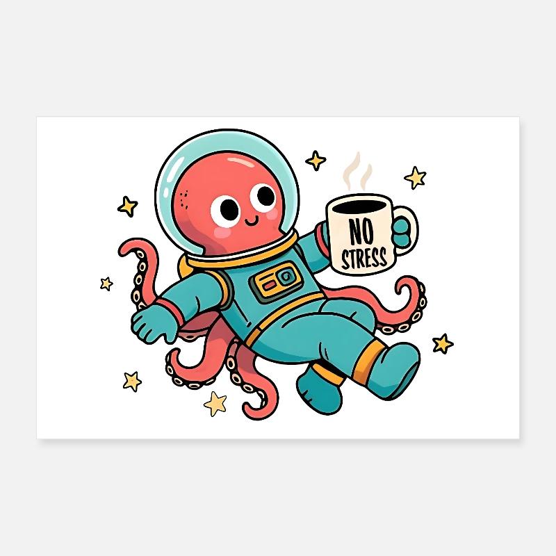 Pieuvre Astronaute Spatiale avec tasse de café Poster 60 x 40 cm