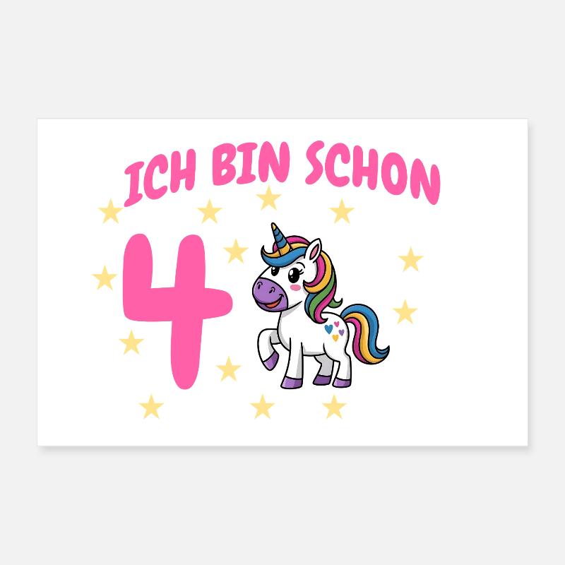 Ich bin Schon Vier Unicorn Geburtstag Poster 60x40 cm