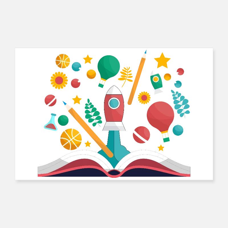 Offenes Buch mit Schulobjekten, Lernen und Pädagogik Poster 60x40 cm
