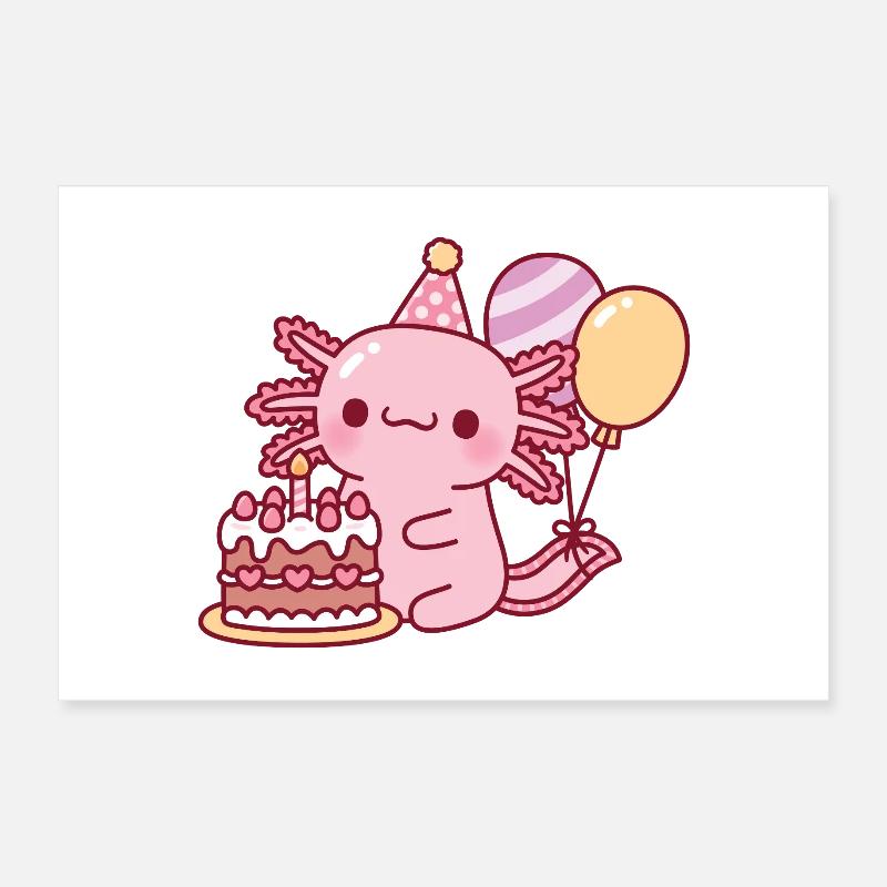 Mignon axolotl avec gâteau d’anniversaire et ballons Poster 60 x 40 cm