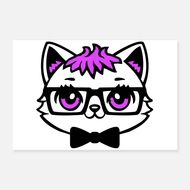Chat Nerd Nerd Lunettes Noeud papillon Cheveux roses Geek Poster 60 x 40 cm