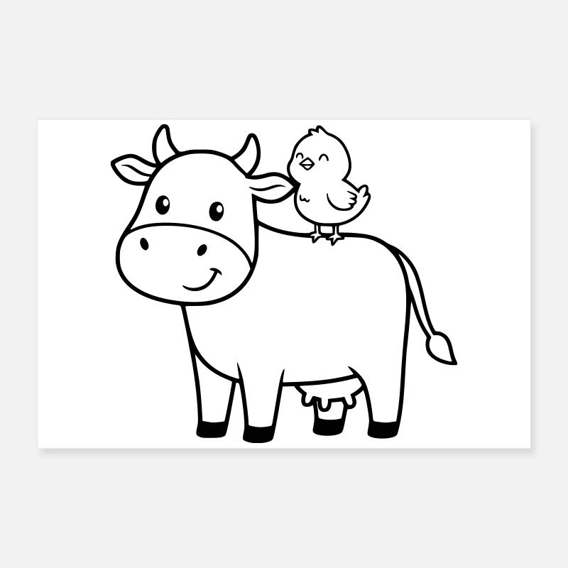 Vache mignonne avec amitié d’oiseau Poster 60 x 40 cm