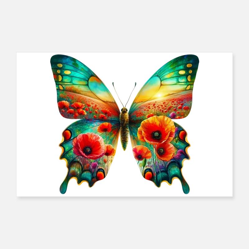 Papillon fleurs coquelicot champ de pavot Poster 60 x 40 cm
