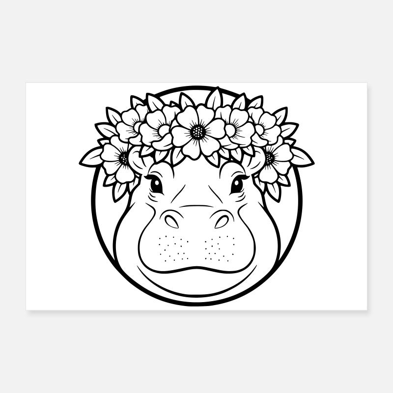 Nilpferd Blumenkranz Boho Outline Vektor Poster 60x40 cm