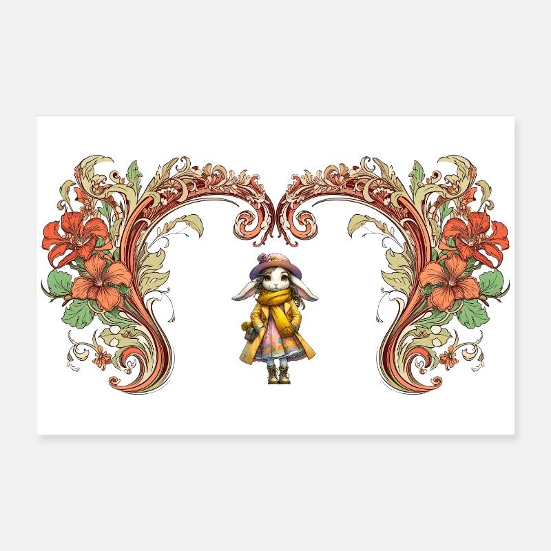 Cadre de fleurs en forme de cœur - Petit lapin mignon Poster 60 x 40 cm