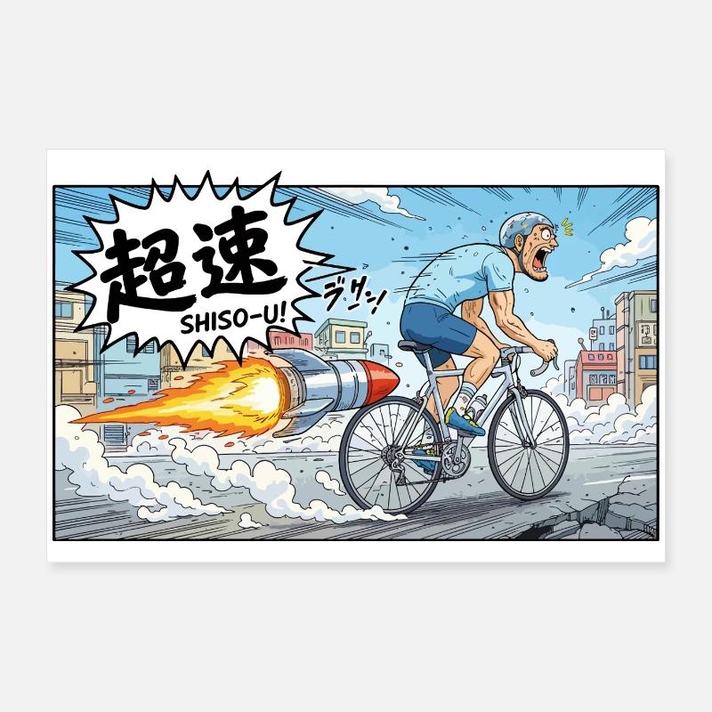Cycliste à hypervitesse avec explosion de fusée Poster 60 x 40 cm
