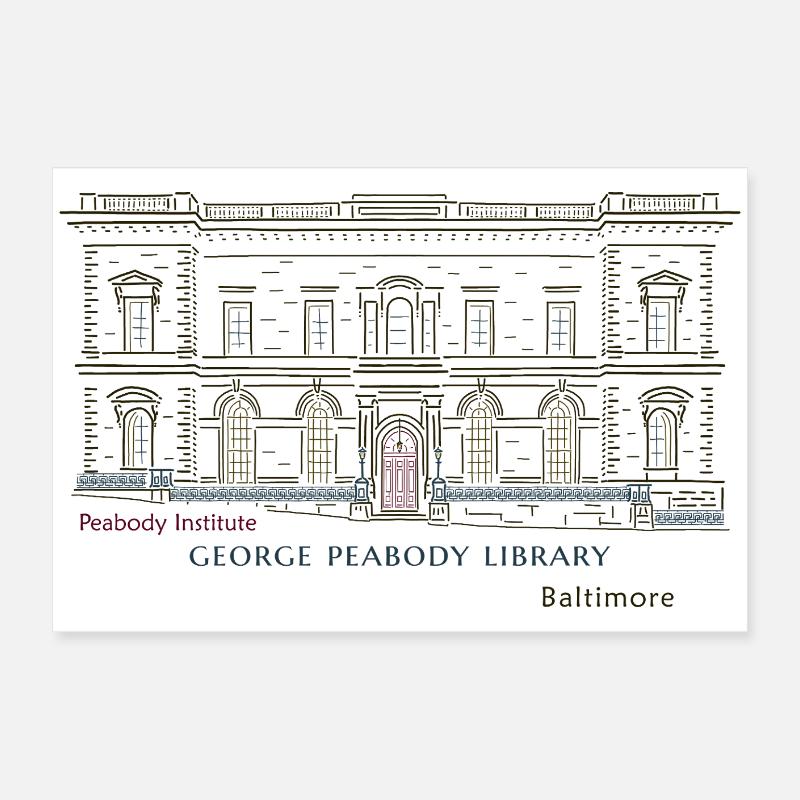 Baltimore, Hand Drawing George Peabody Library Poster 24" x 16" (60x40 cm)