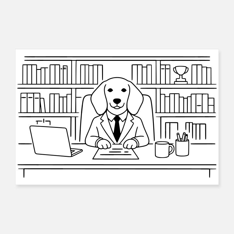 Hund im Büro Chef Dackel Minimalitisch Line Art Poster 60 x 40 cm
