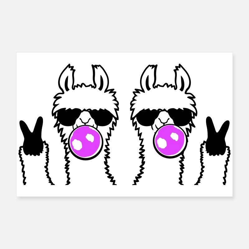 Two Llamas Bubblegum Sunglasses Peace Sign Cute Poster 24" x 16" (60x40 cm)