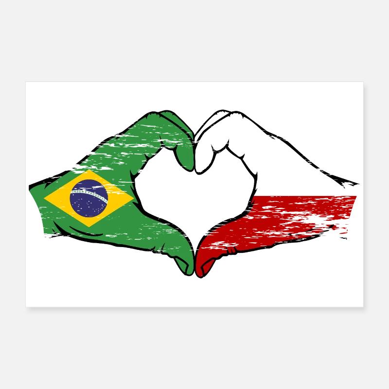 Brésil Pologne Drapeau Main Forme Coeur Utilisé Poster 60 x 40 cm