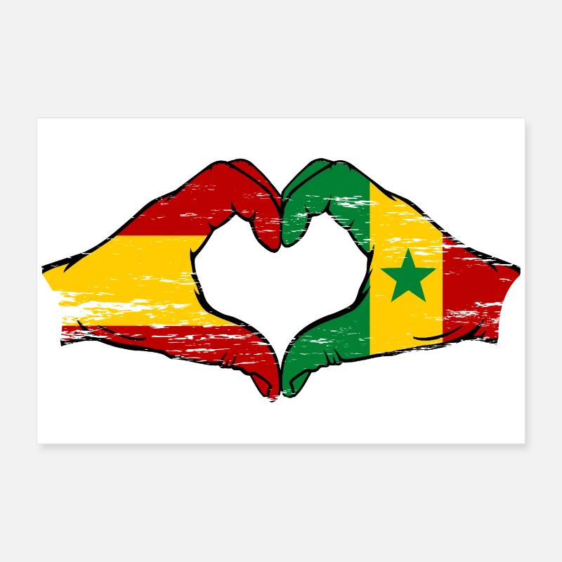 Espagne Sénégal Drapeau Mains Coeur Forme Utilisé Poster 60 x 40 cm