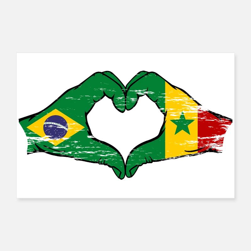 Brésil Sénégal Drapeau Mains Coeur Forme Utilisé Poster 60 x 40 cm