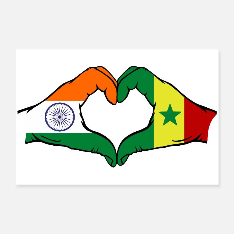 Inde Sénégal Drapeau Mains Coeur Forme Poster 60 x 40 cm