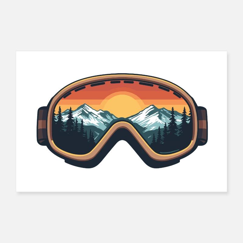 Lunettes de ski avec panorama de montagne et coucher de soleil Poster 60 x 40 cm
