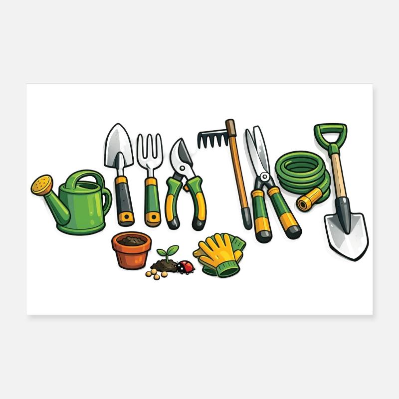 Outils de jardin de dessins animés – Conception de jardin drôle Poster 60 x 40 cm